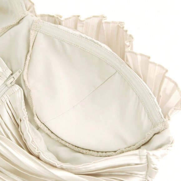 Beige Party Women's Pleated Satin Tube Going Out Top - Picture 7 of 8
